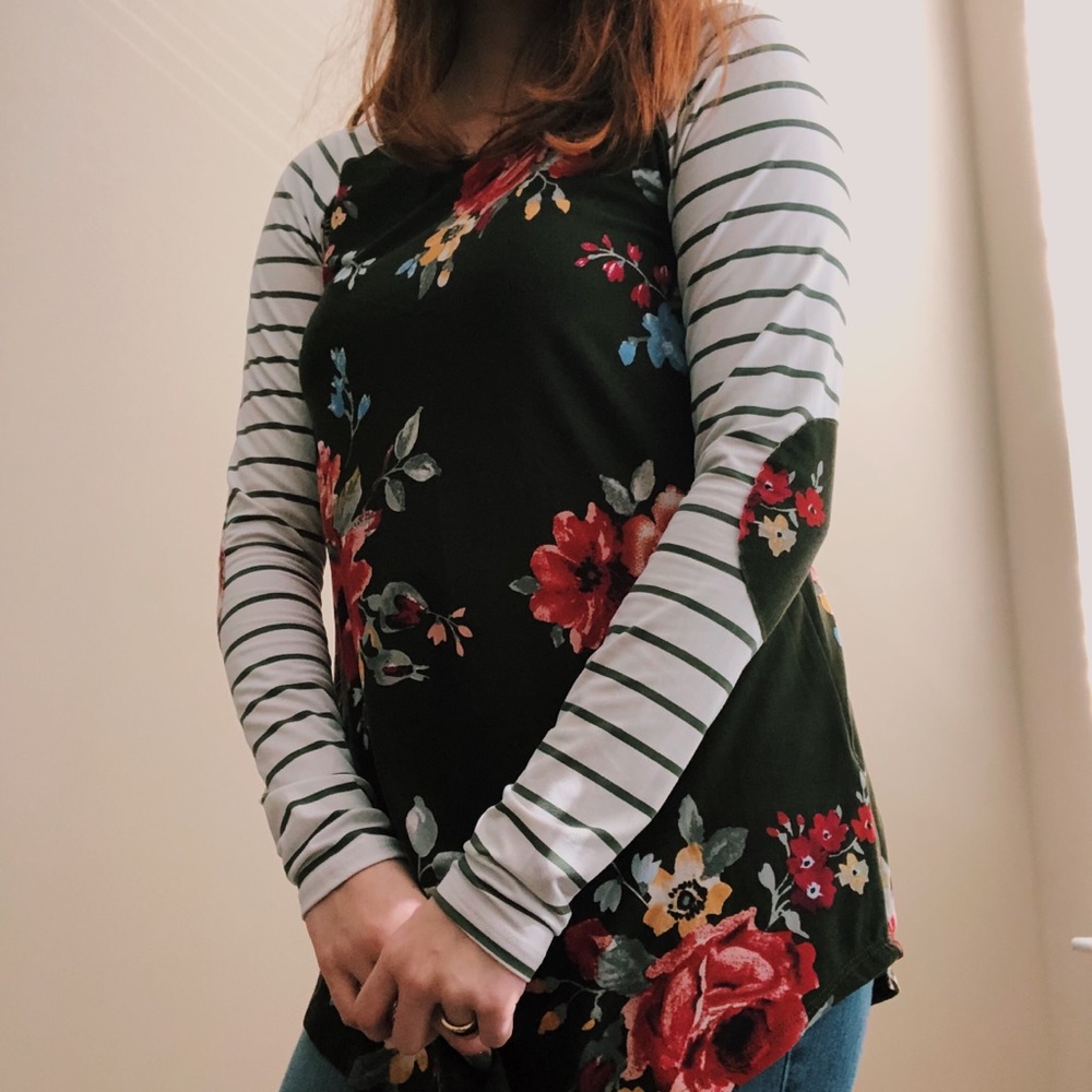 Floral + Striped Long Sleeve Top w/ Elbow Patches